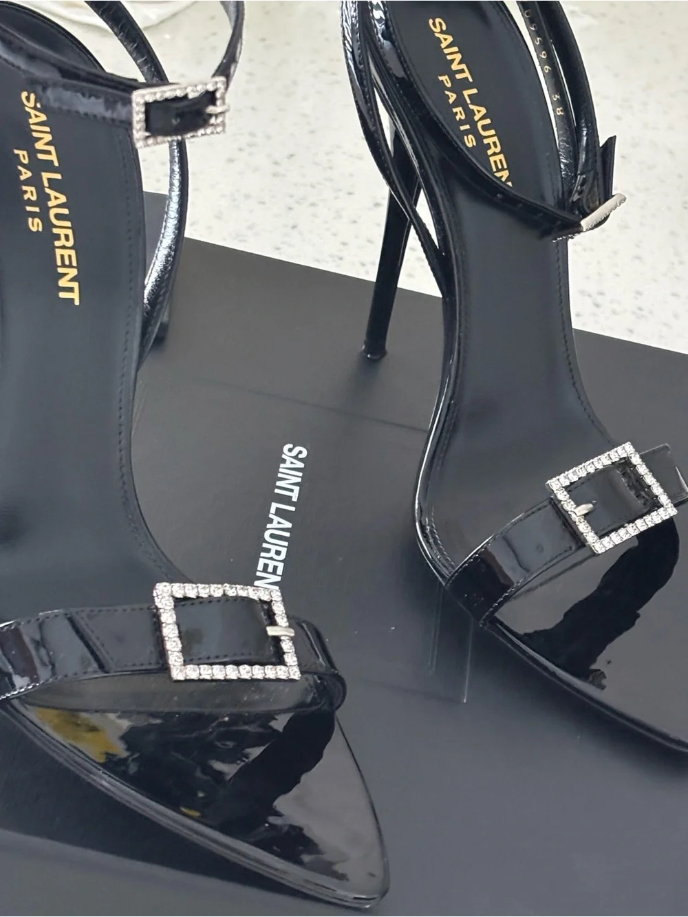 Saint Laurent Black Patent Slingback Heels with Crystal Buckles - Picture 3 of 7